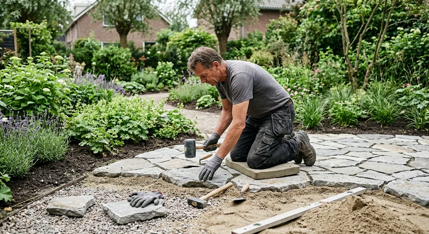 Hovenier legt natuursteen bestrating aan in een nieuwe tuin