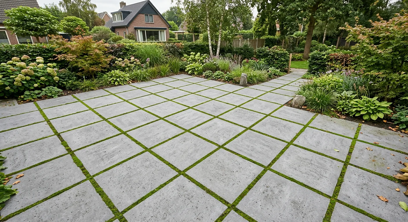 Strak gelegde bestrating met grote betontegels en groene voegen