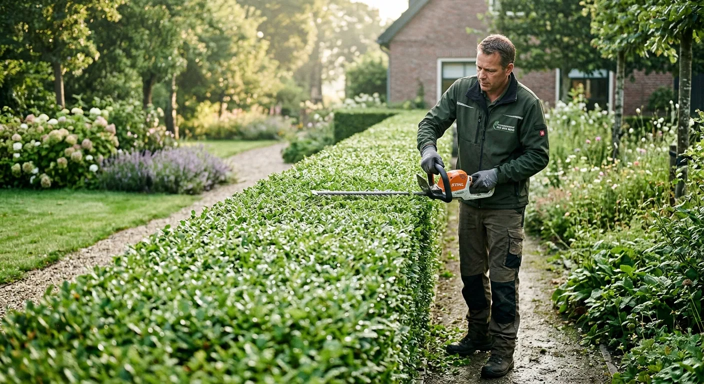 Hovenier snoeit een groene haag tijdens tuinonderhoud