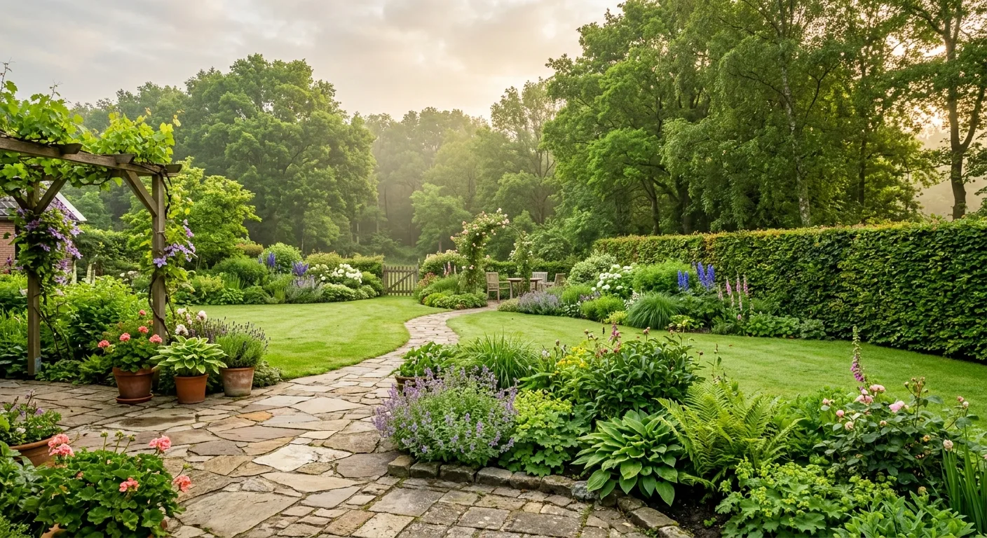 Aangelegde achtertuin met natuursteen terras en groene borders in zacht ochtendlicht