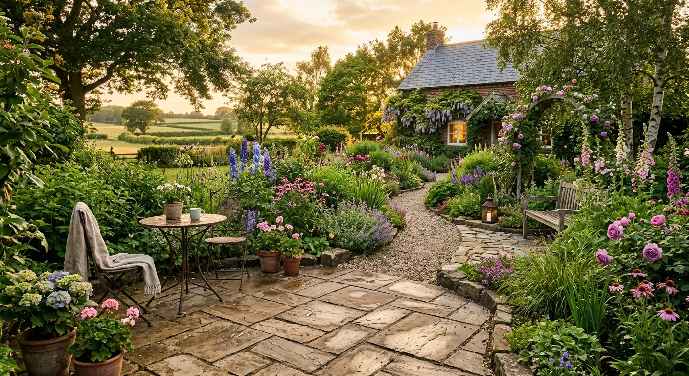 Aangelegde landelijke tuin met terras en volle borders