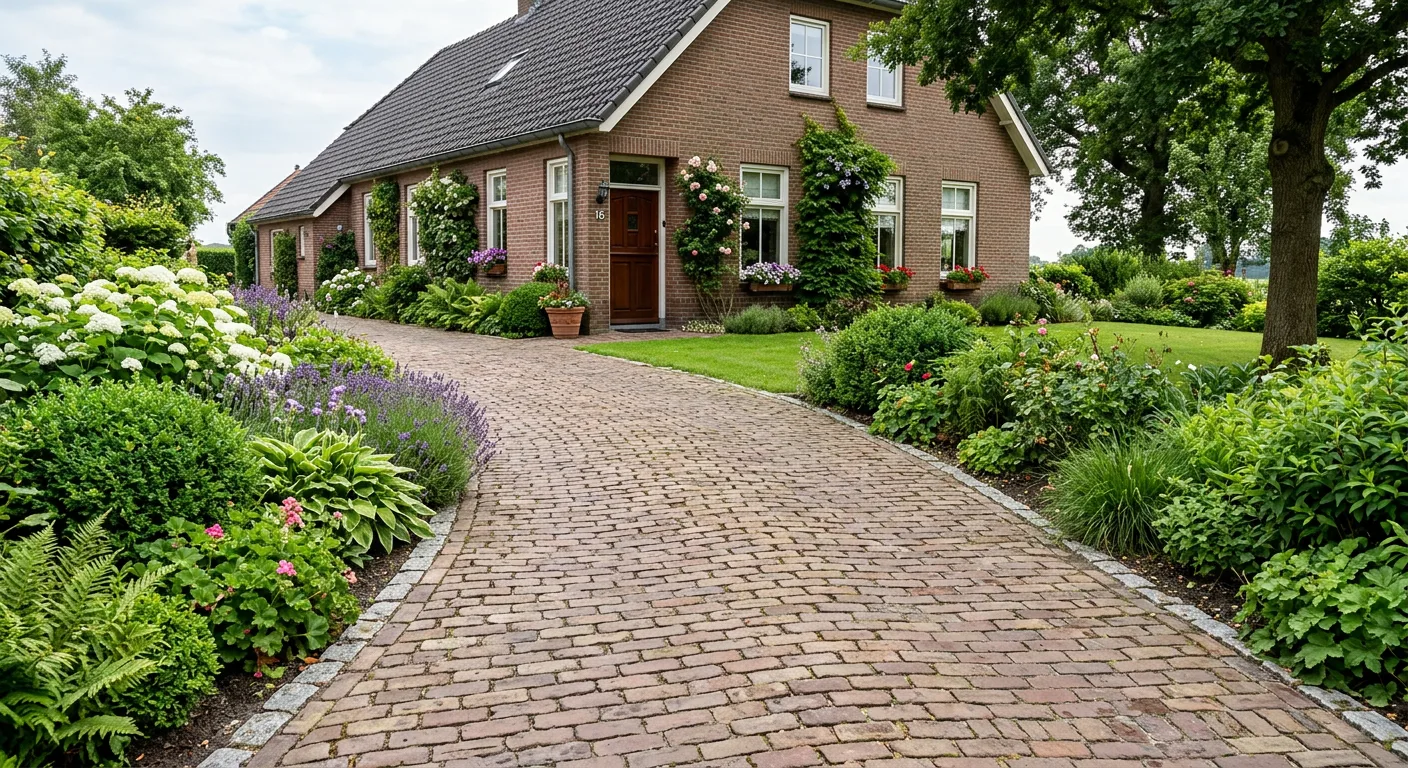 Oprit van gebakken klinkers met groene randbeplanting