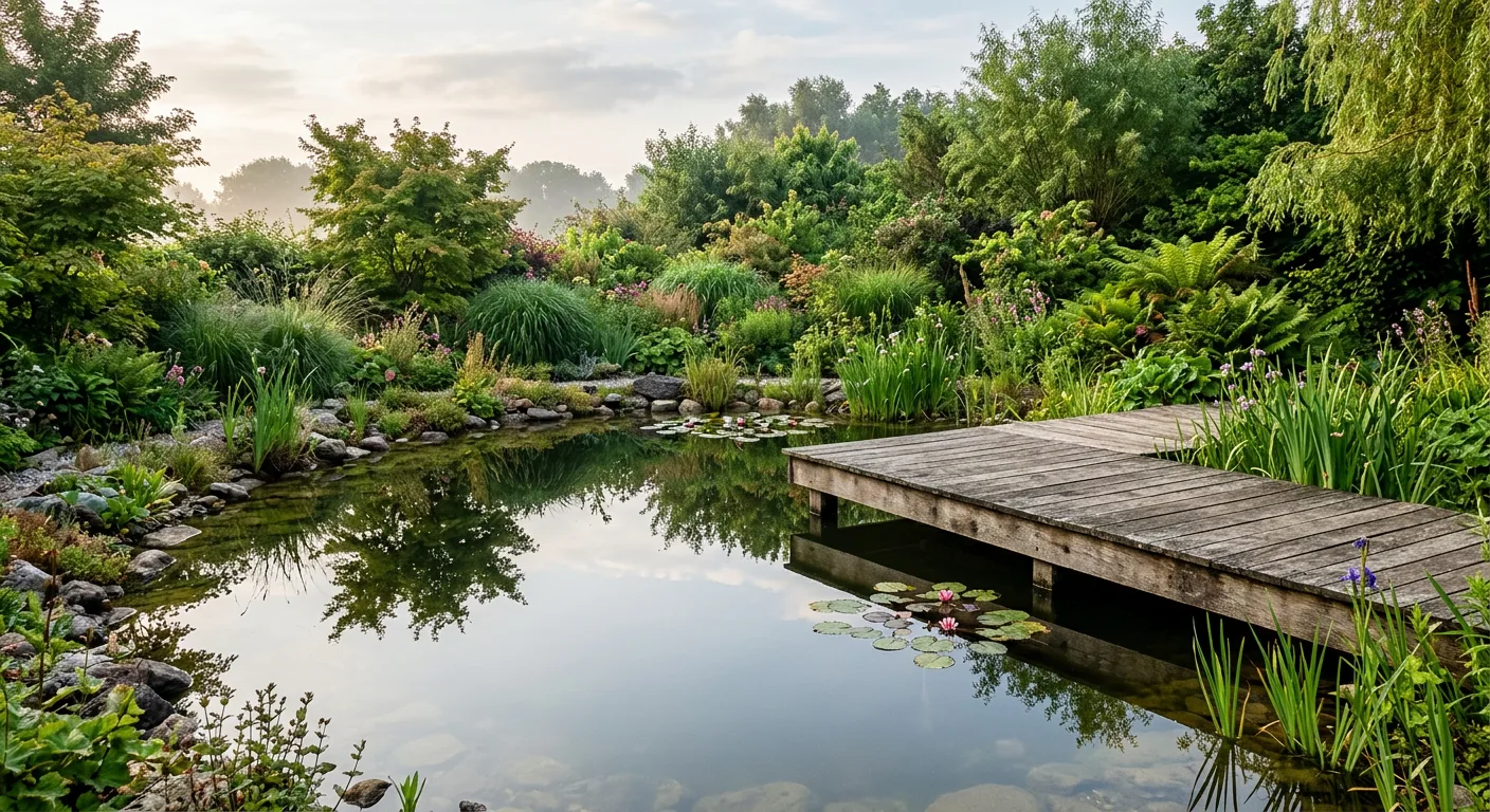 Tuin met vijver en houten vlonder omringd door groen