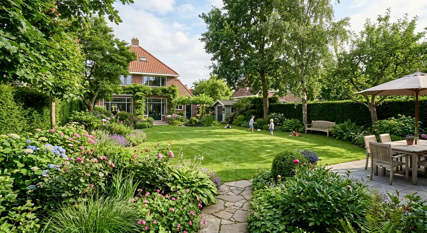 Grote familietuin met gazon, speelhoek en volgroeide beplanting